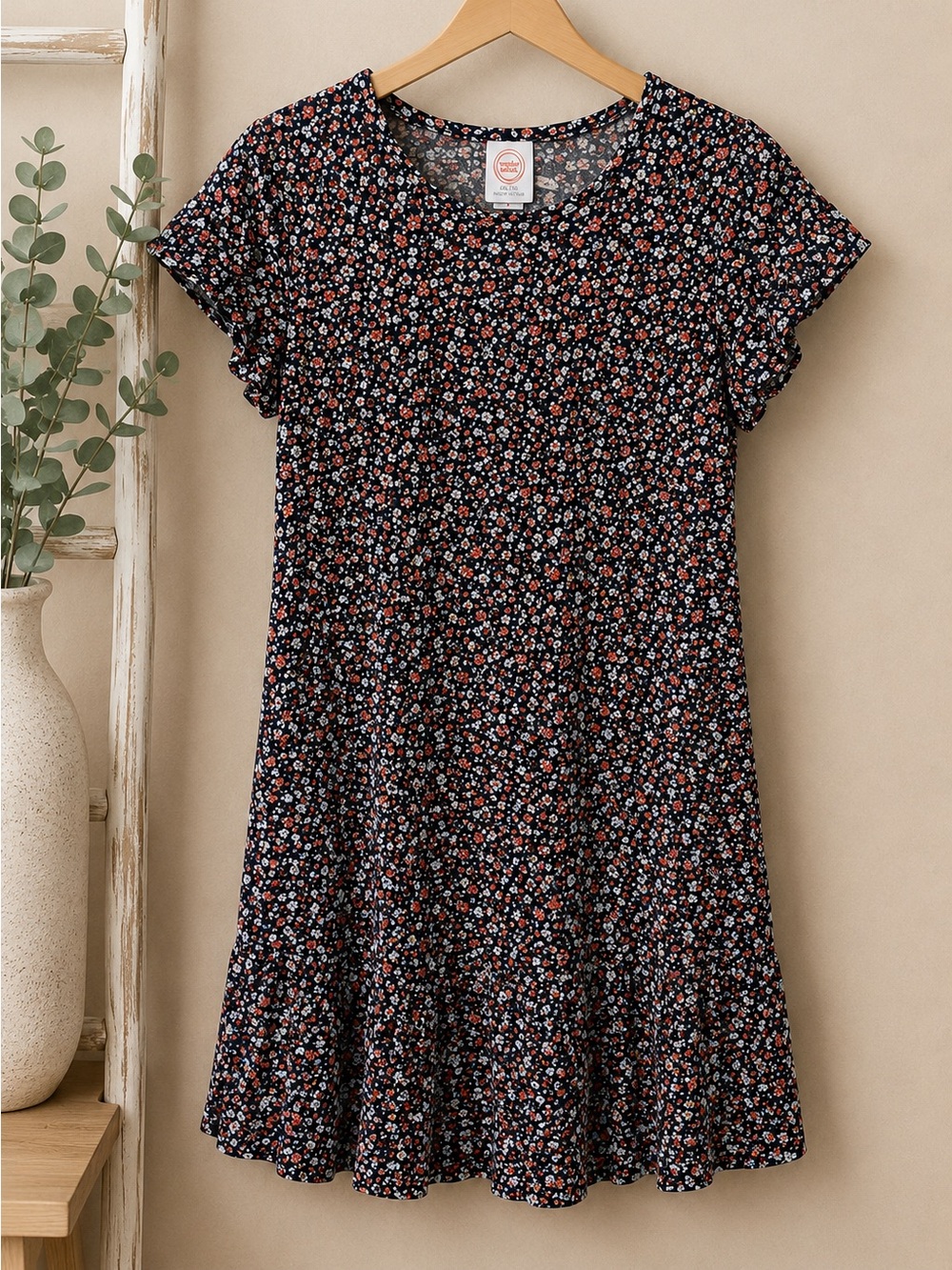 Girls Floral Dress | Navy Orange Ditsy Print | XL (18)